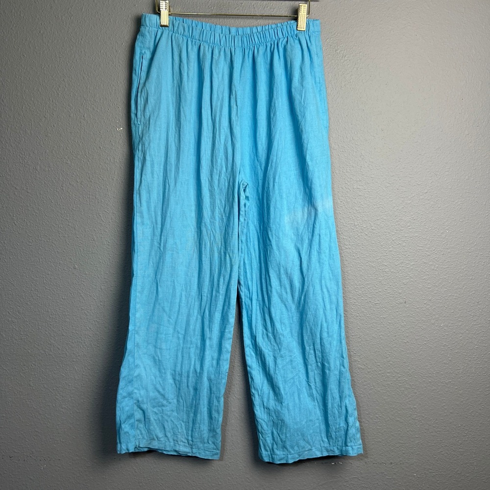 Comfy USA Linen Pants Women's Medium Blue Elastic‎ Waist Wide Leg Casual Flawed
